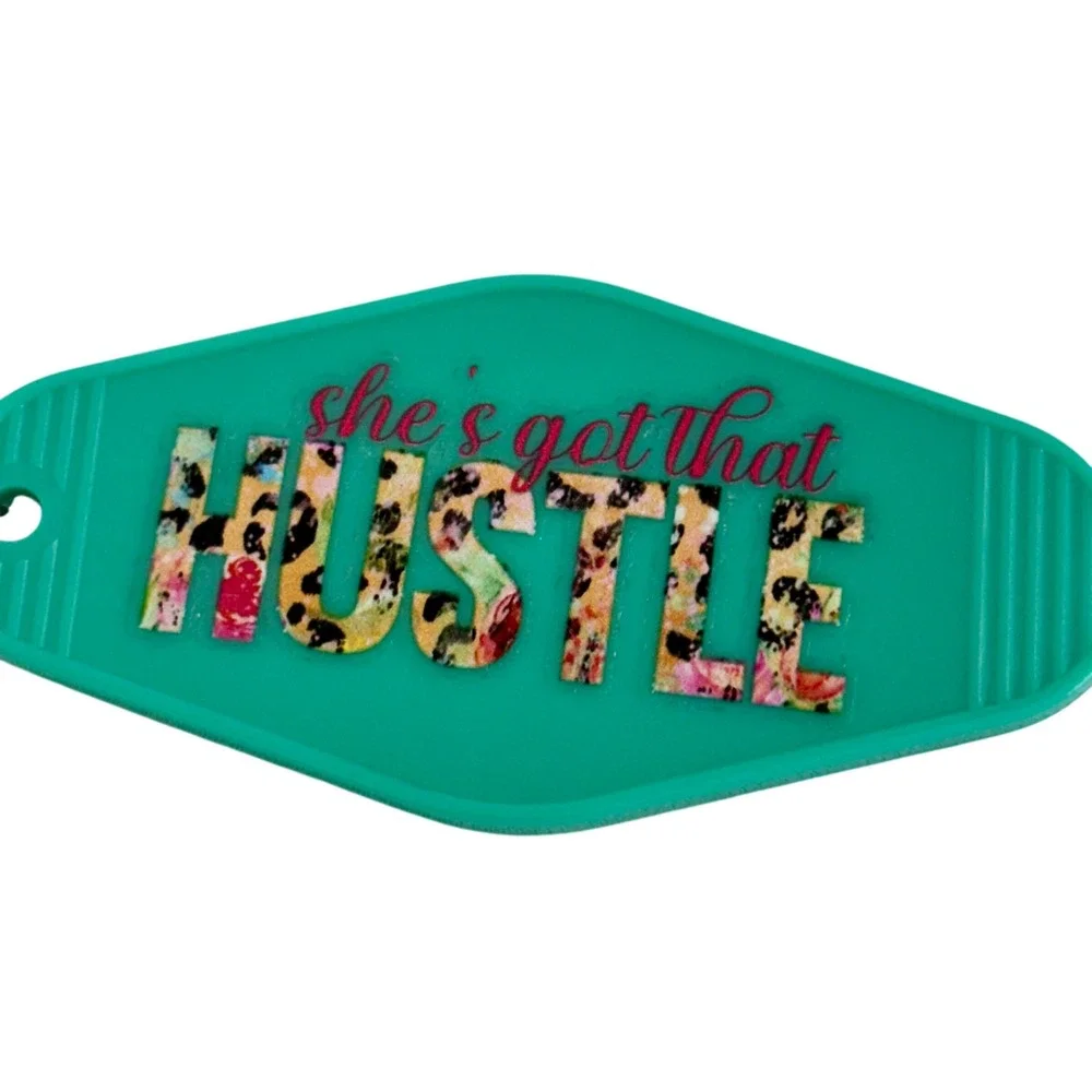 Shes Got That Hustle‎ Teal Retro Motel Keychain Floral Leopard Print Girl Boss